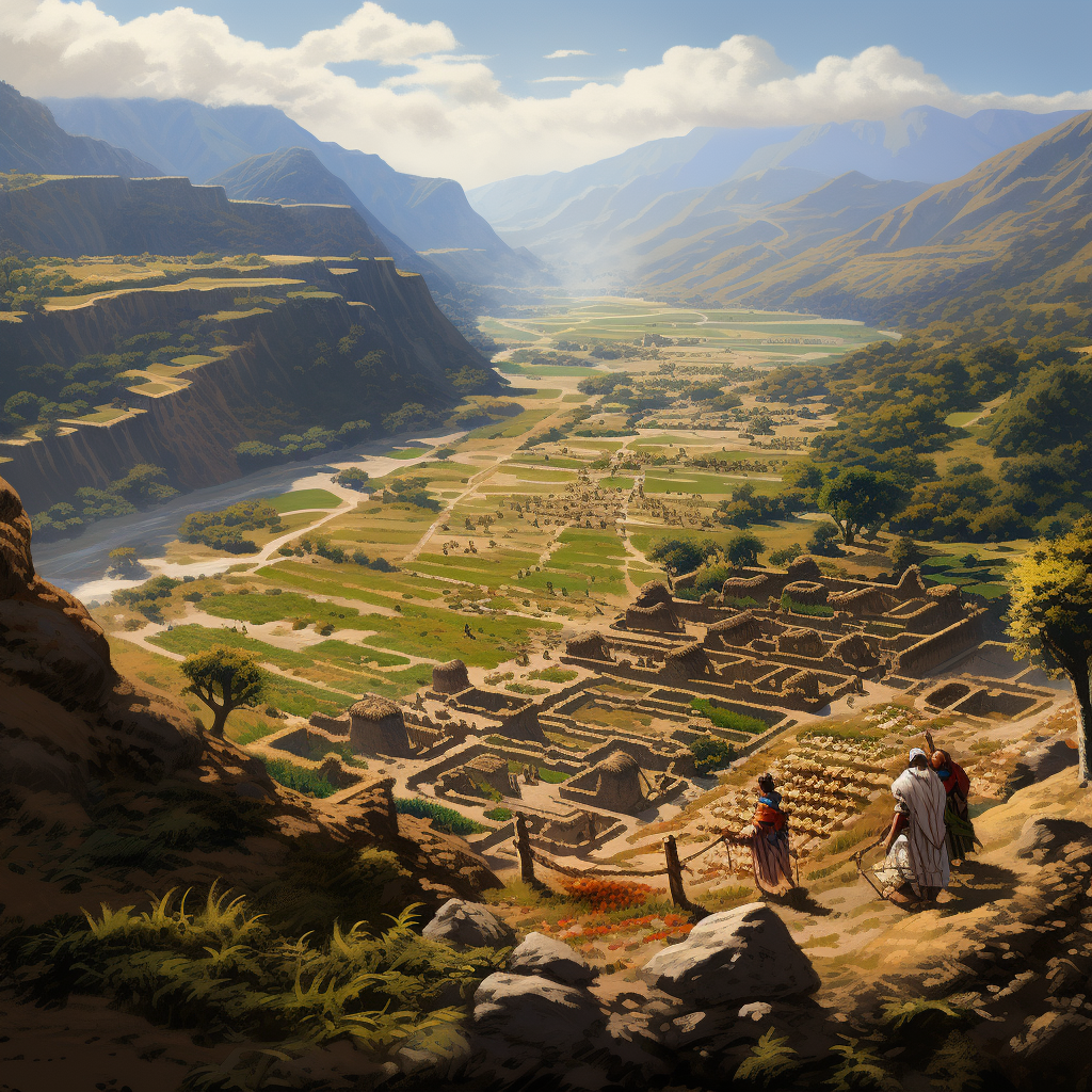 Bronze age Chinese farmers working in terraced field