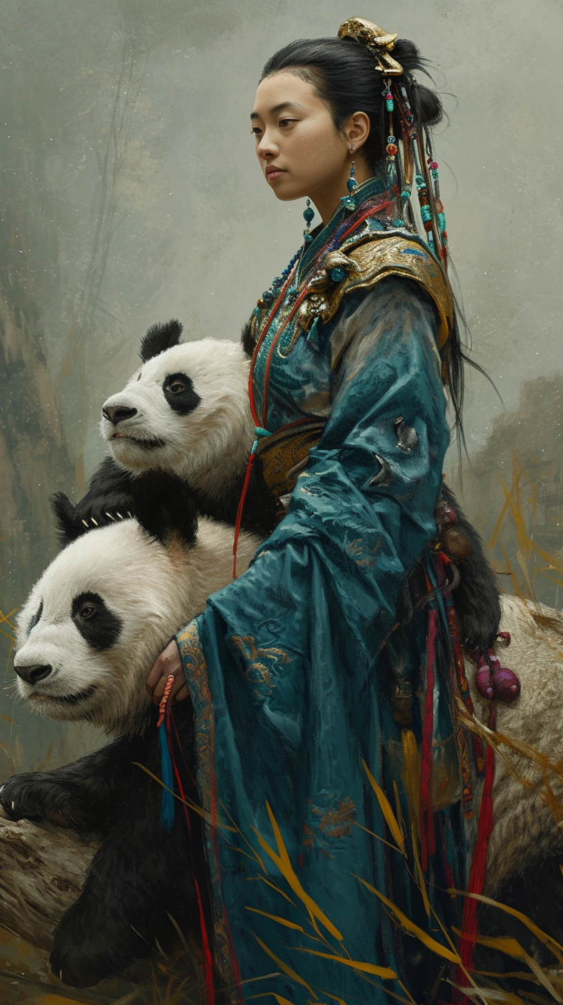 Chinese female shaman riding giant panda