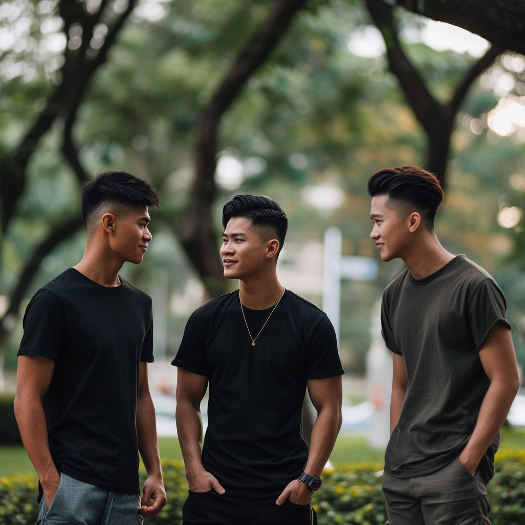 Hot handsome Chinese Filipino men in park