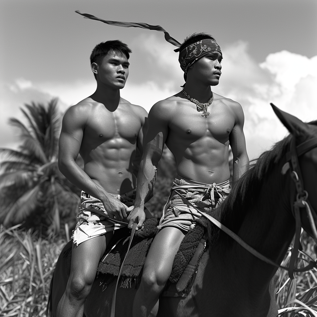 Handsome Chinese Filipino Men Holding Hands Horse Riding in Jungle