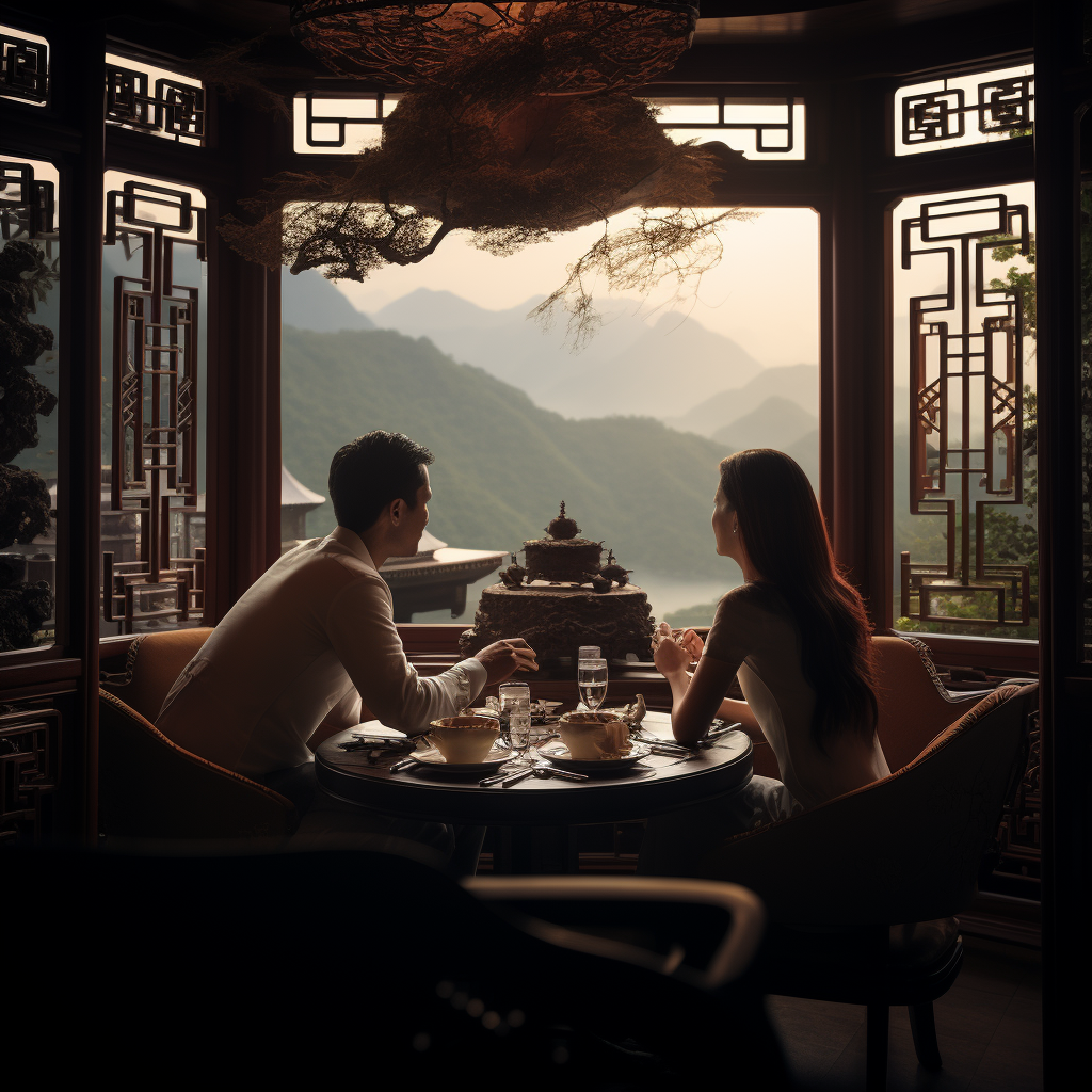 Couple enjoying Chinese food in luxury room