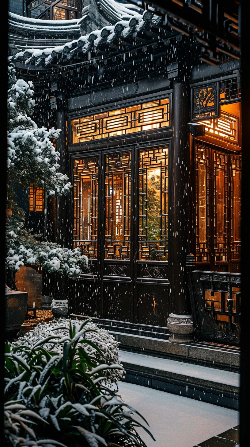 Chinese Garden at High-End Hotel Night Snow