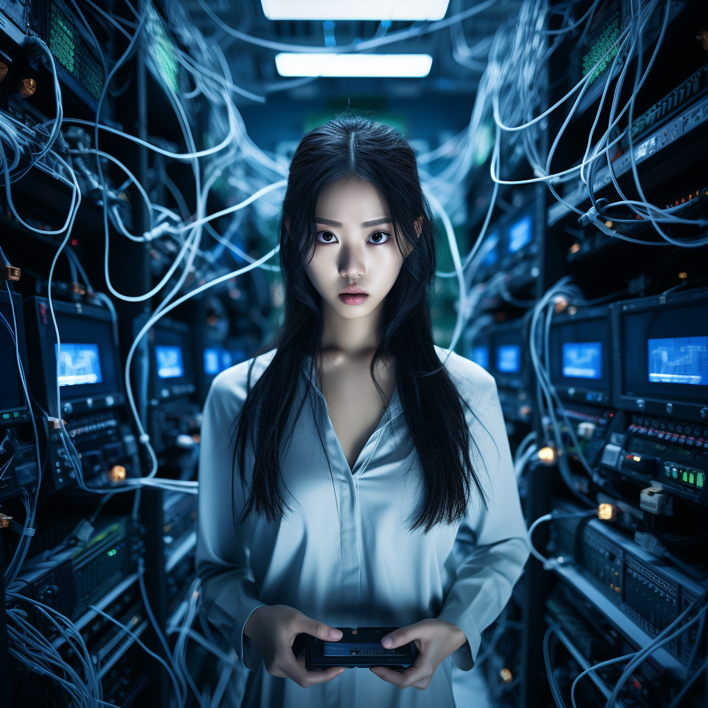 Chinese girl engineer in server room