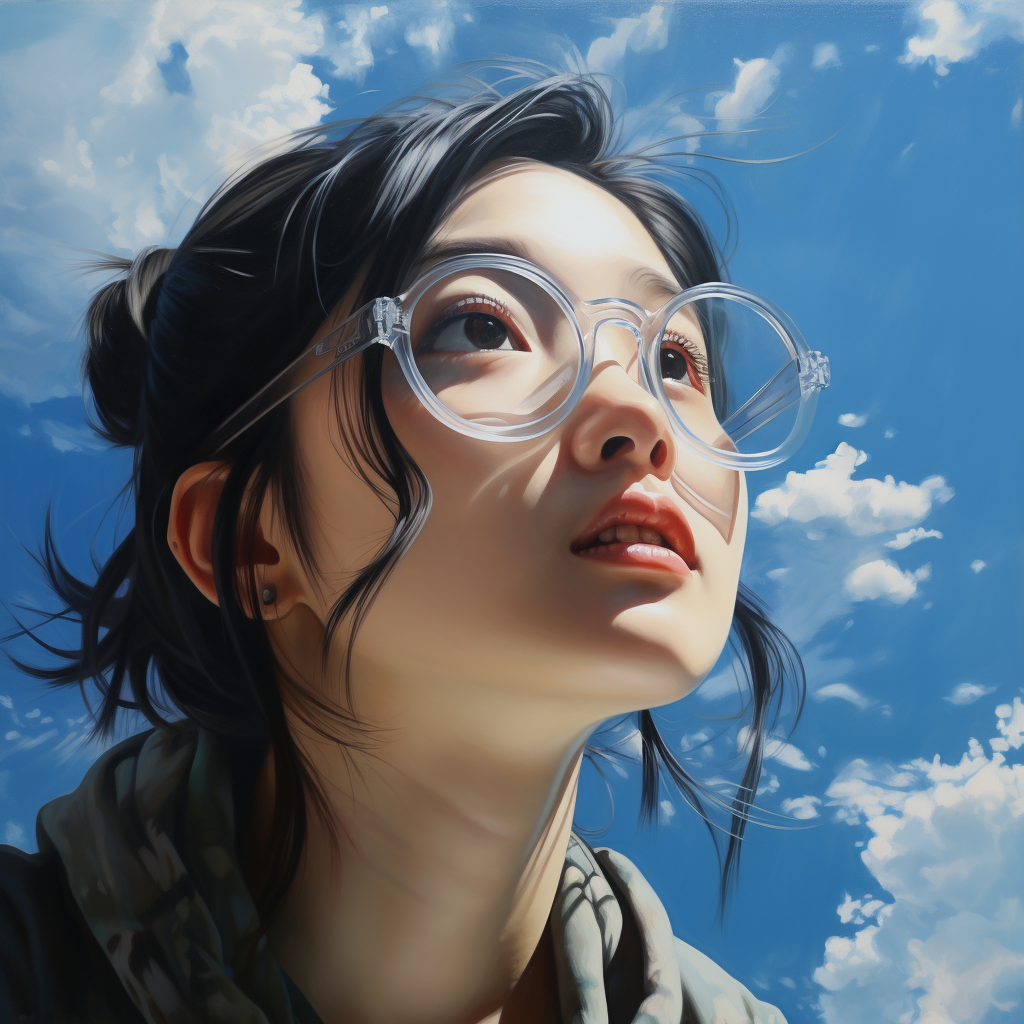 Chinese girl looking at the sky through a glass lens