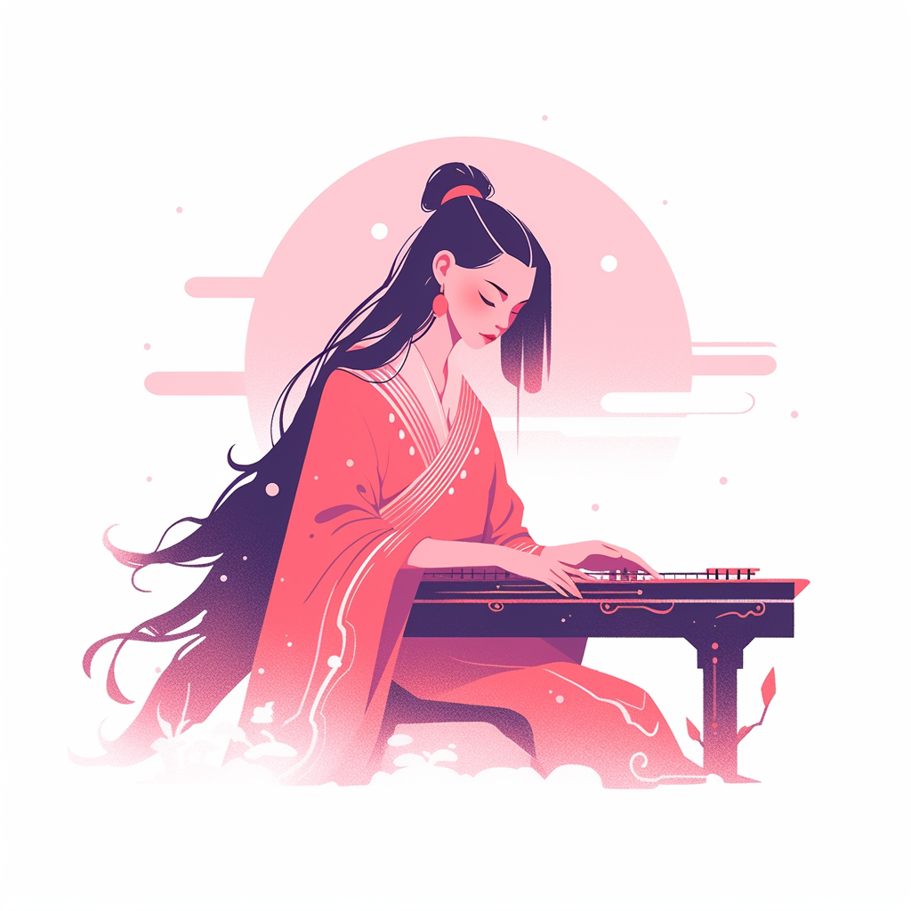 Young Chinese girl playing traditional guqin instrument