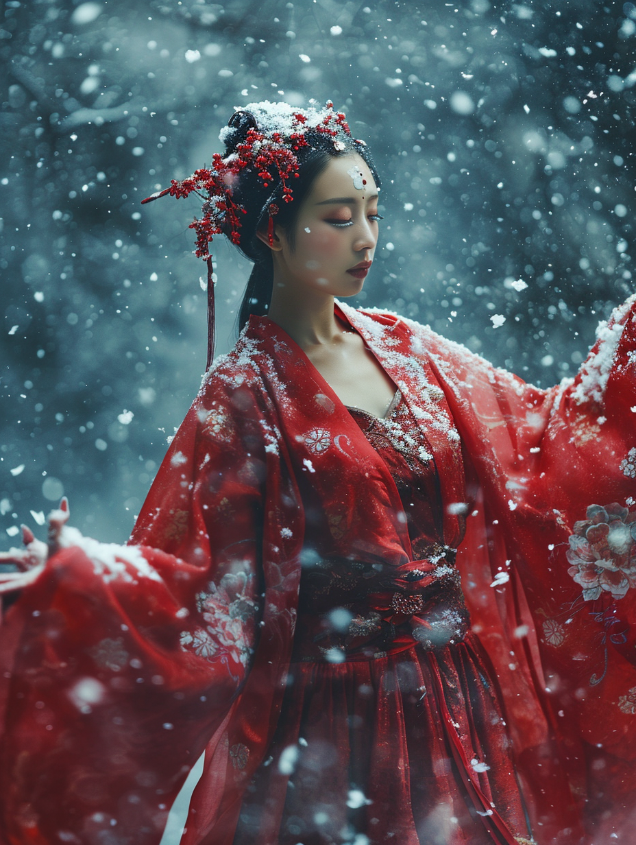 Chinese girl meditating in the snow blur