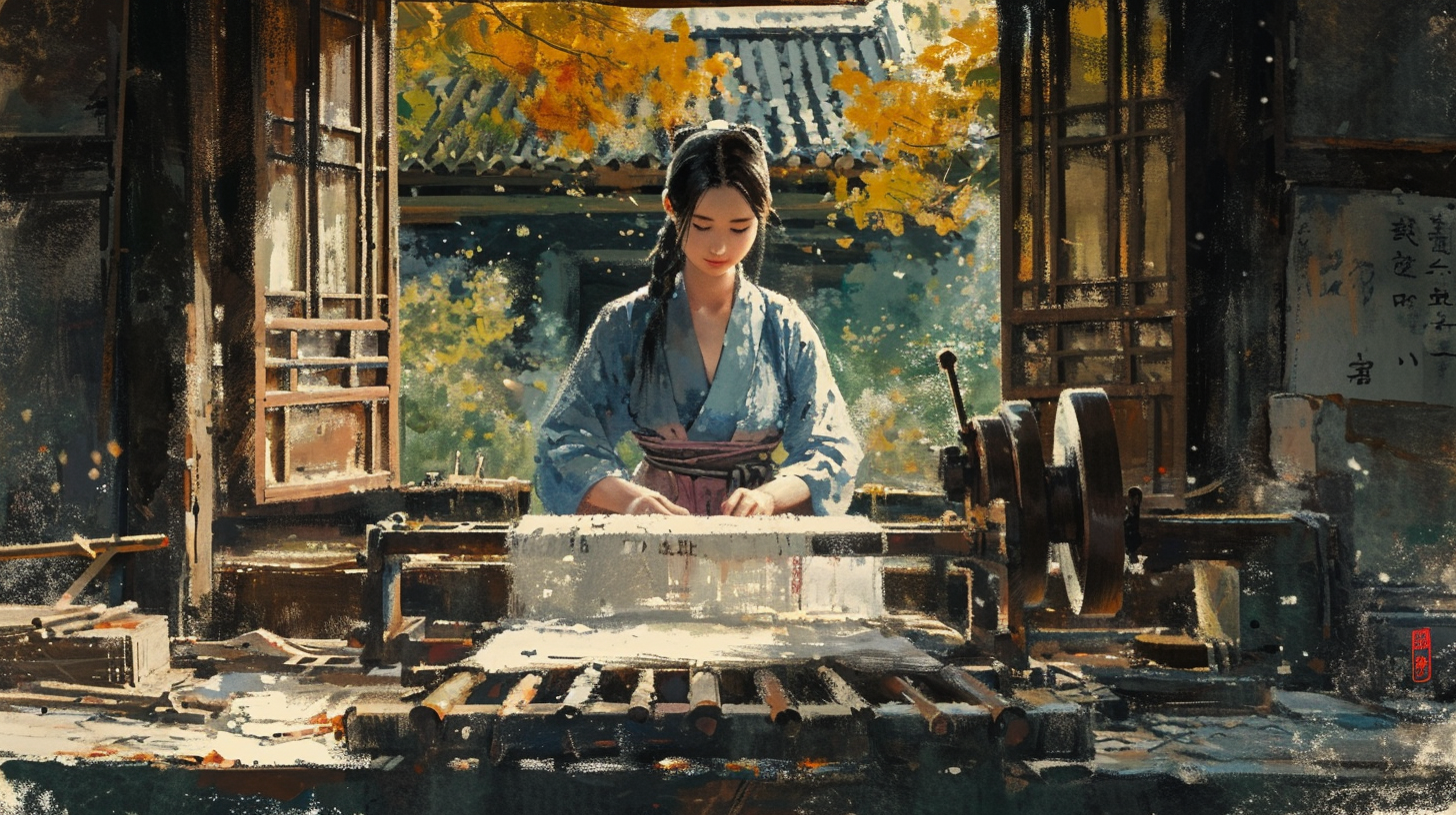 Chinese girl operating loom machine