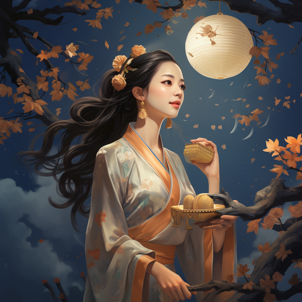 Smiling Chinese Girl with Mooncake in Night Sky