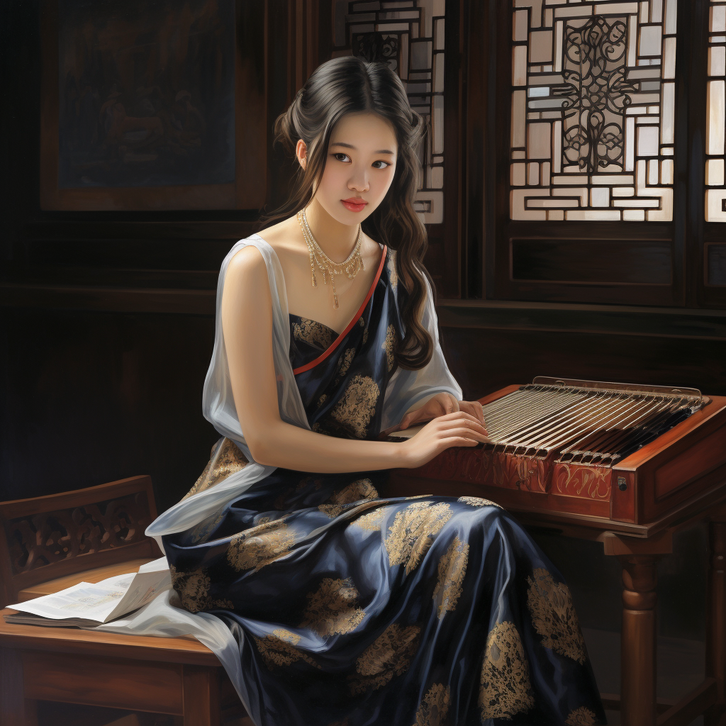 Chinese girl playing zither with grace