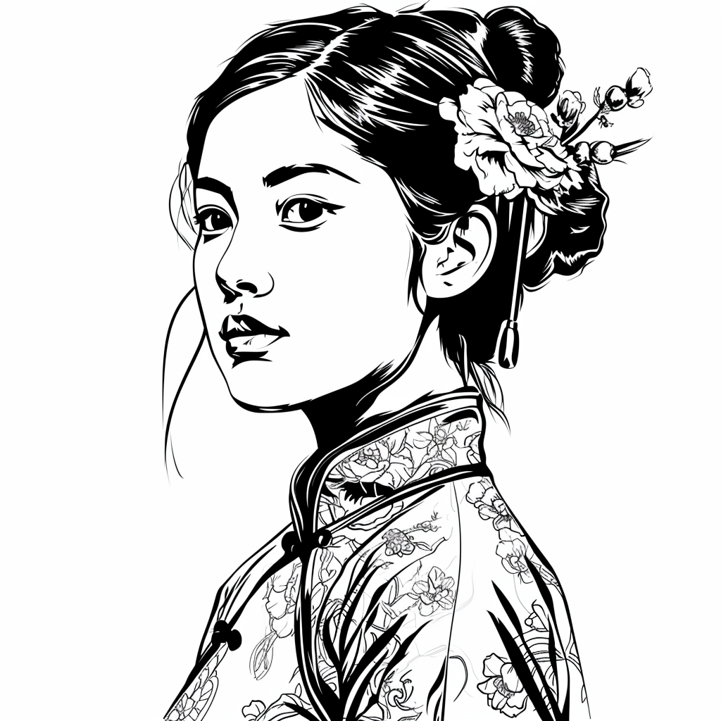 Engraved Chinese girl portrait for coloring book