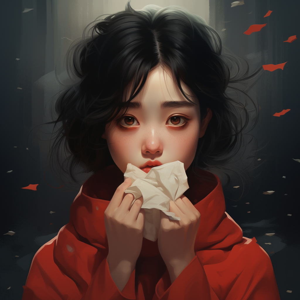 Chinese girl blowing her red nose