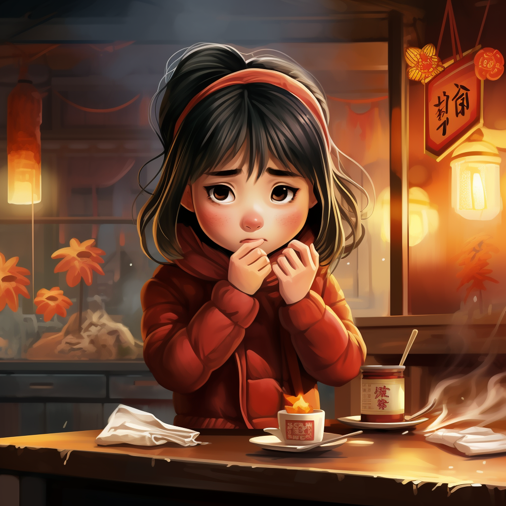 Chinese girl holding napkins, sick of snot