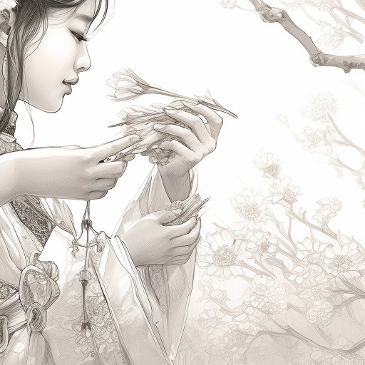 Chinese girls playing in flowers - pencil drawing