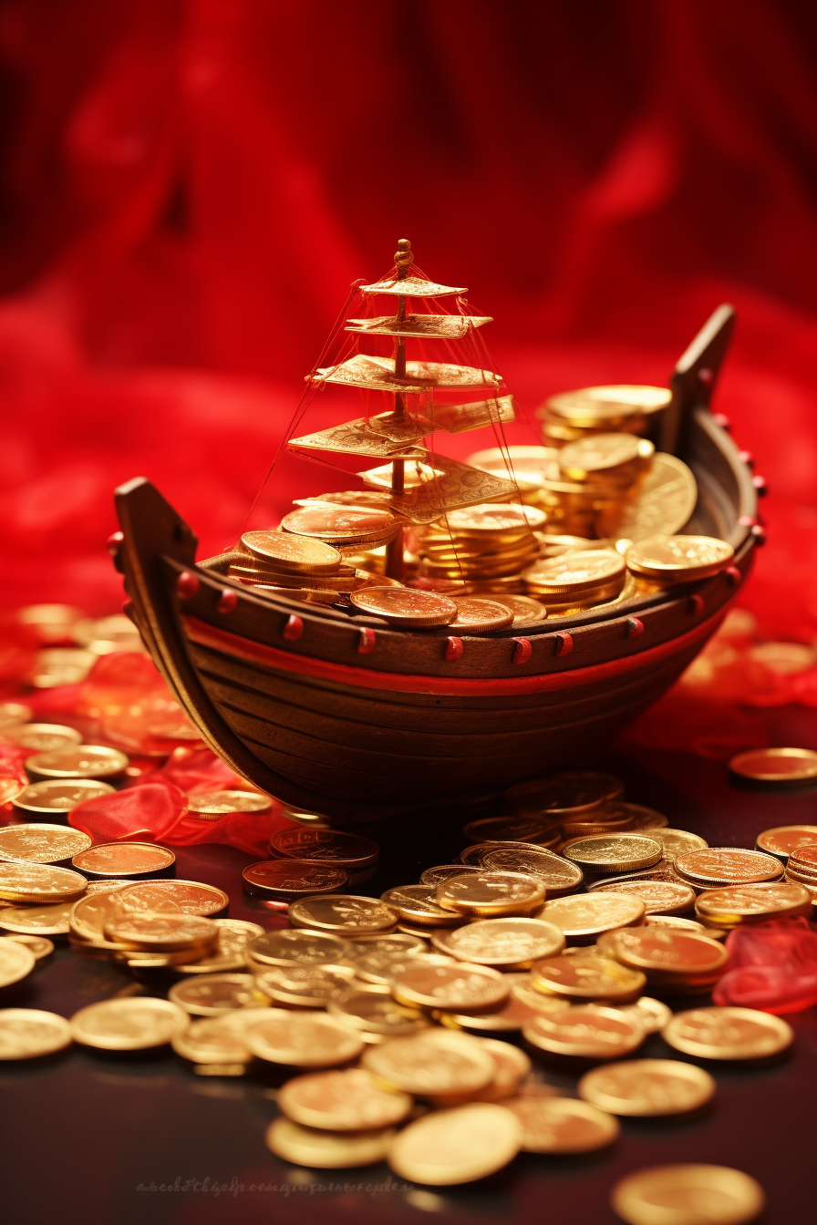 Chinese gold coins on red cloth in boat