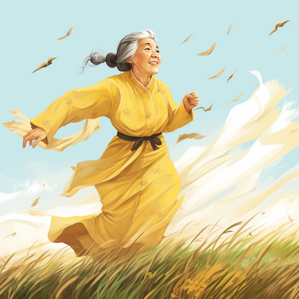 Elderly Chinese woman chasing wind in yellow attire