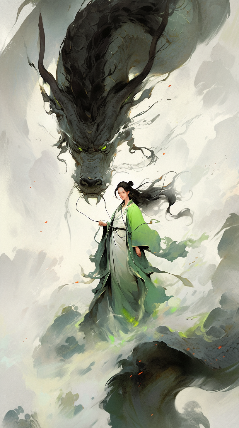 Chinese girl facing giant green dragon