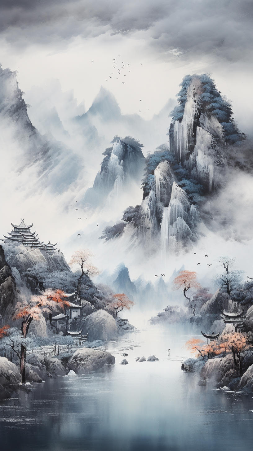 Beautiful Chinese Ink Splashed Landscape with Water and Mountains