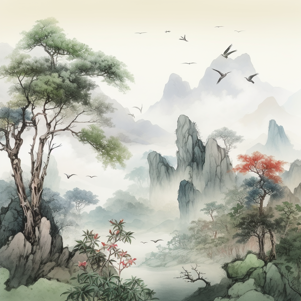 Majestic birds in a Chinese jungle landscape