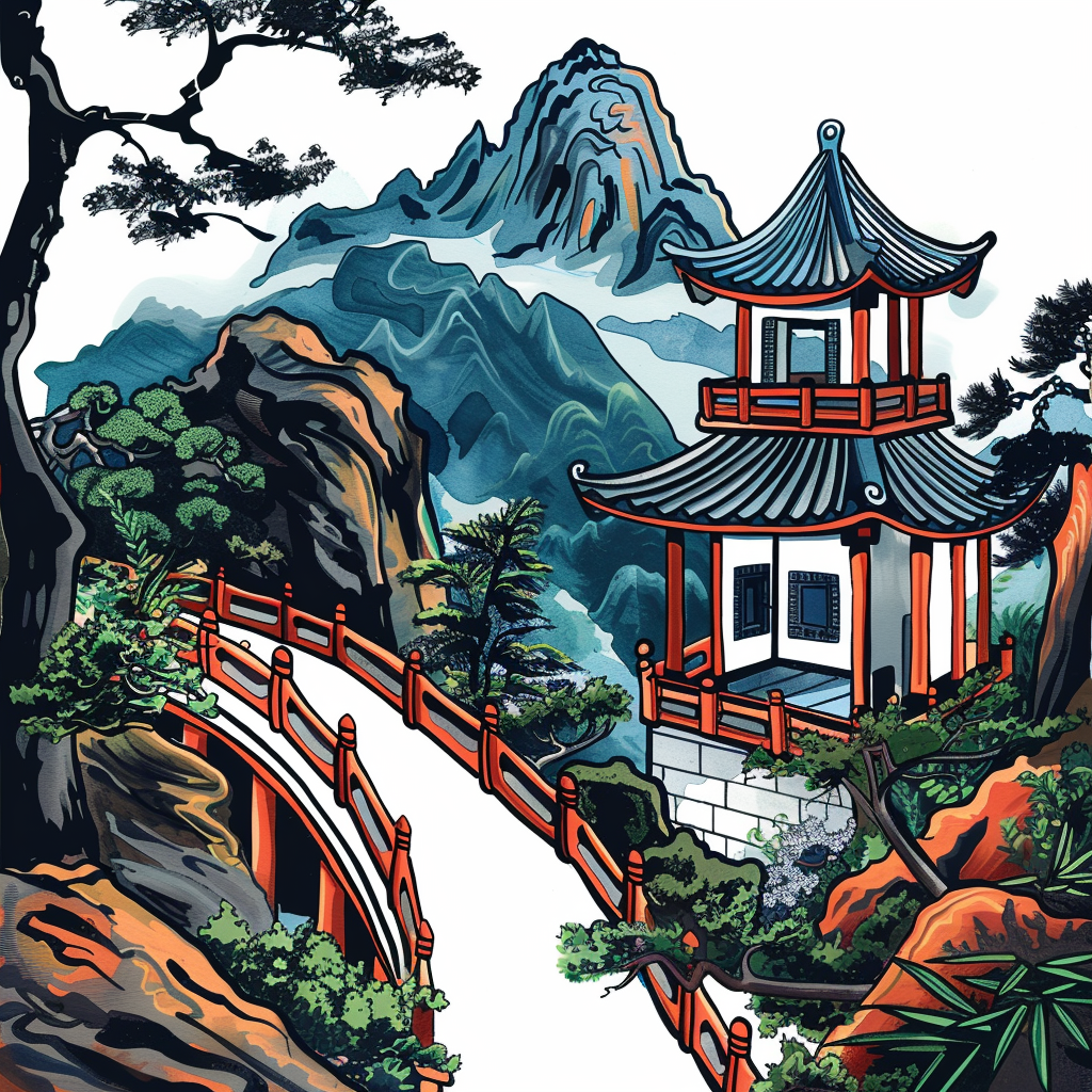 Chinese landscape painting with bold illustrations