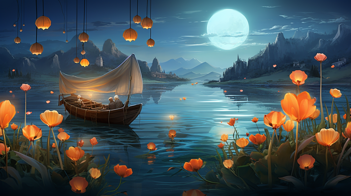 Colorful Chinese Lantern Festival with Floating Boats