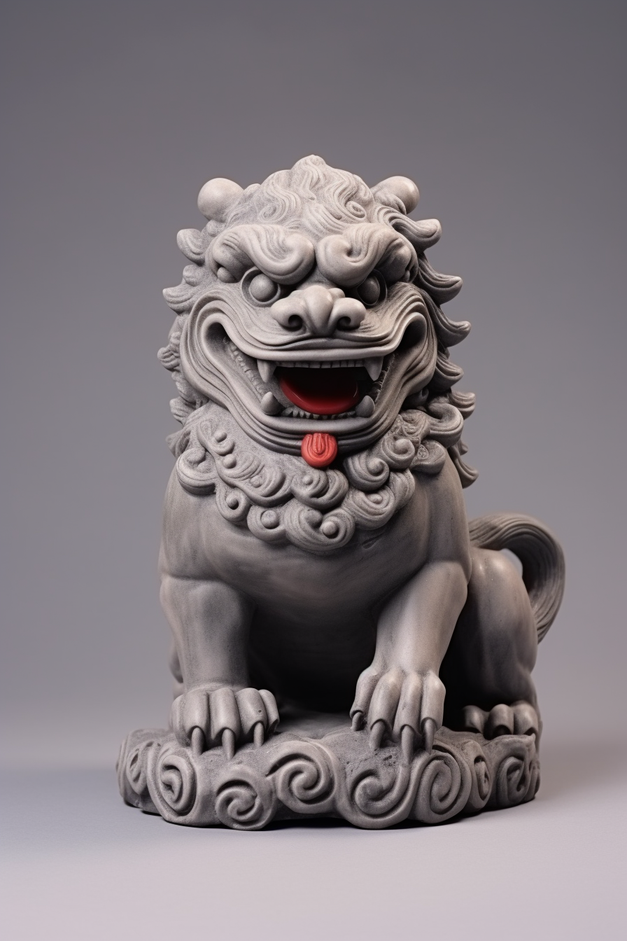 Terracotta Chinese Lion Sculpture on Grey Background