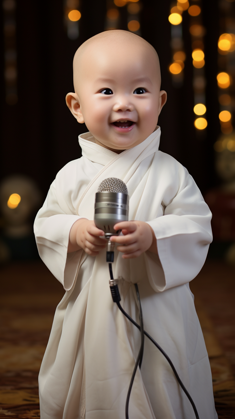 Chinese Little Monk with Microphone, Cute Smile