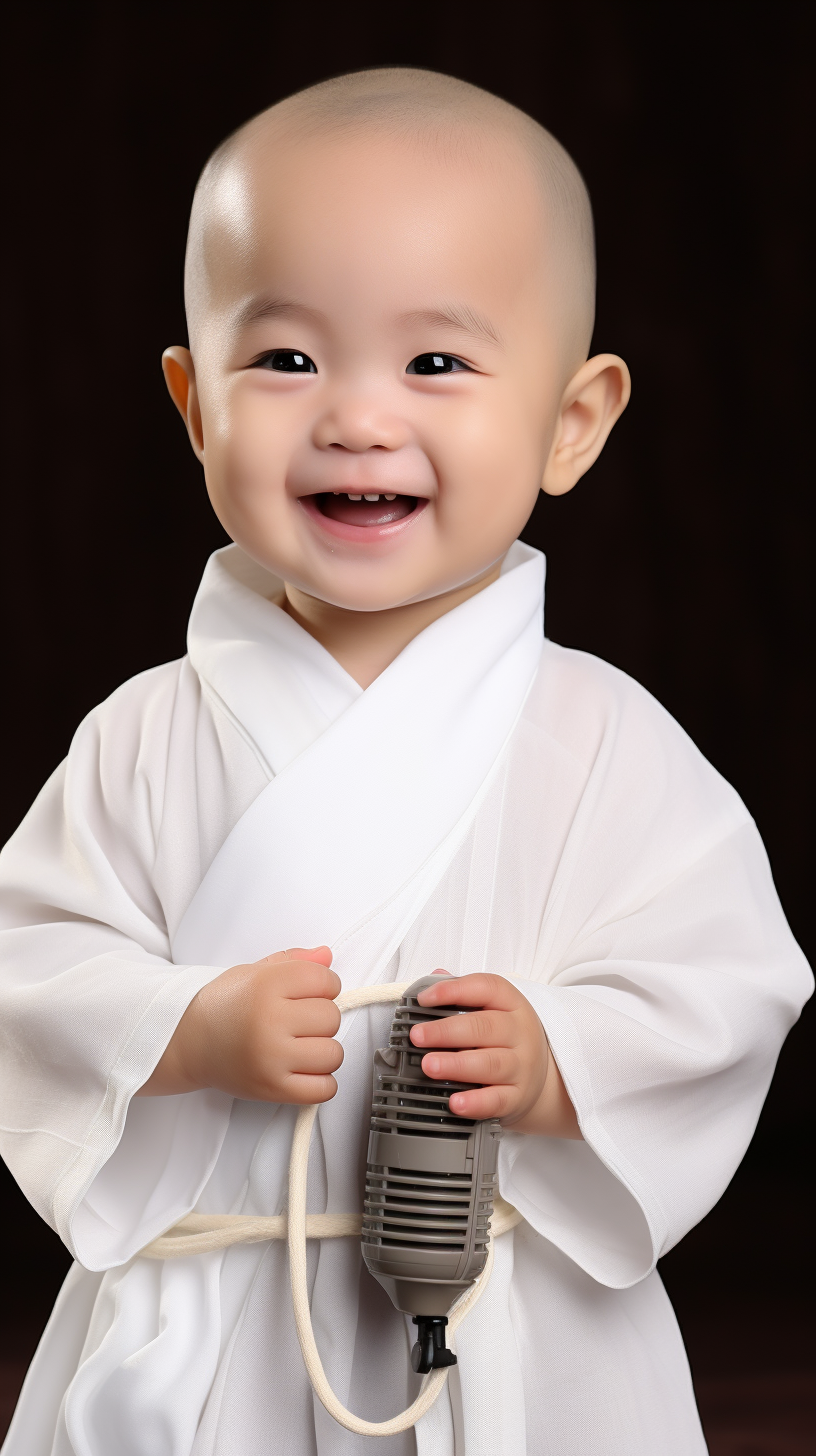 Chinese little monk holding a microphone