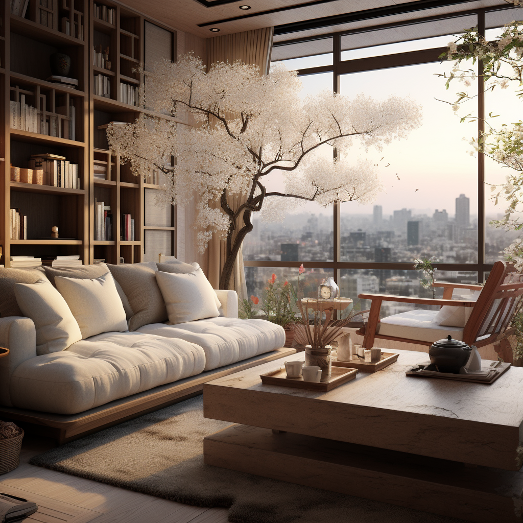 Modern Chinese living room with sofa, TV, and city view