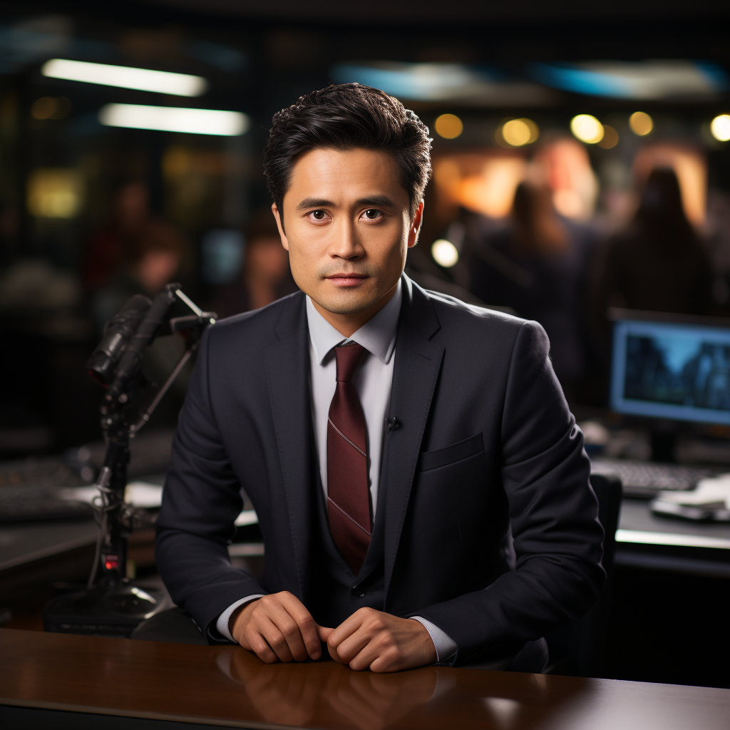 Chinese male broadcaster delivering news in BBC studio