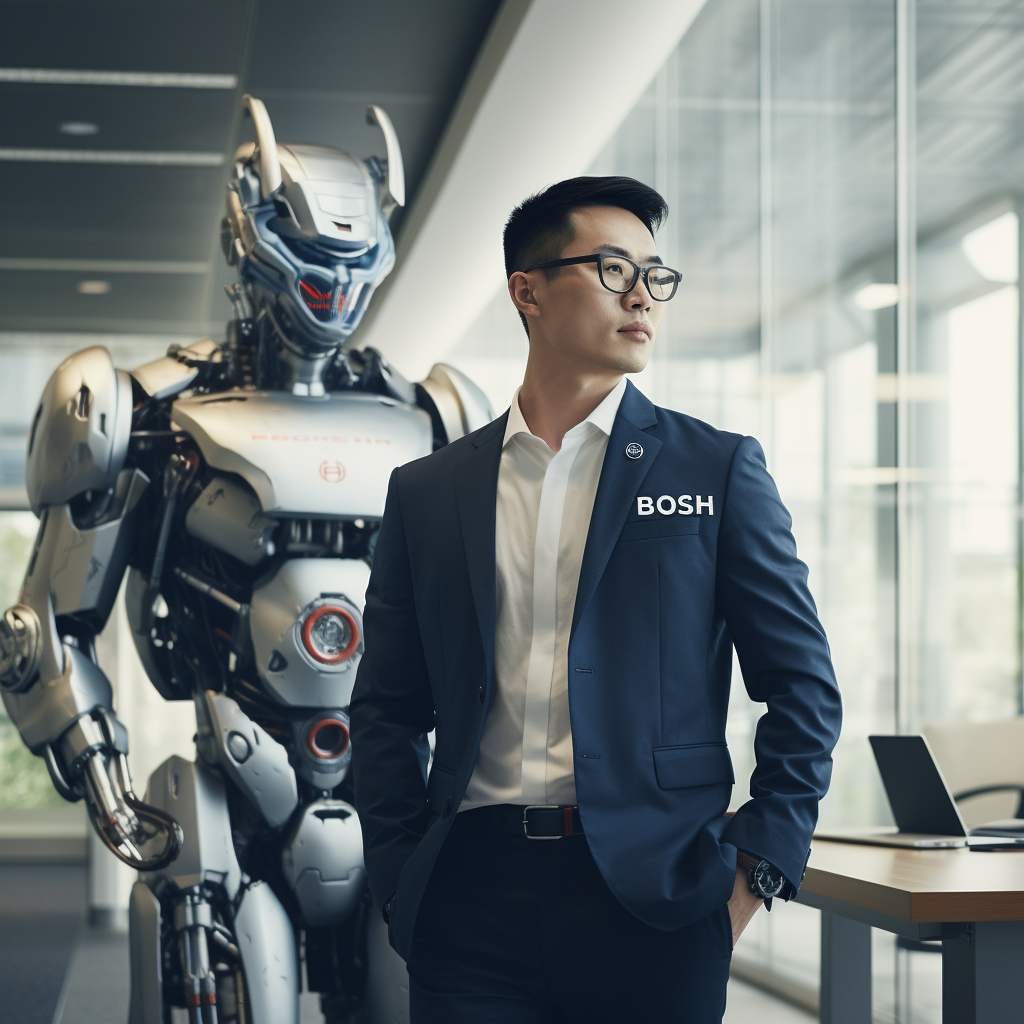 Chinese Male Engineer with Robot Model in Office