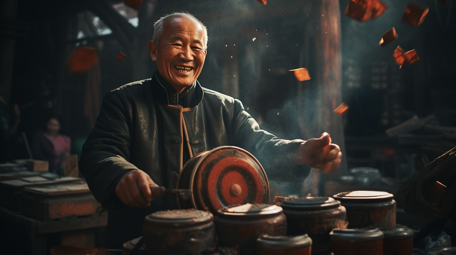 Chinese man distributing drums and firecrackers