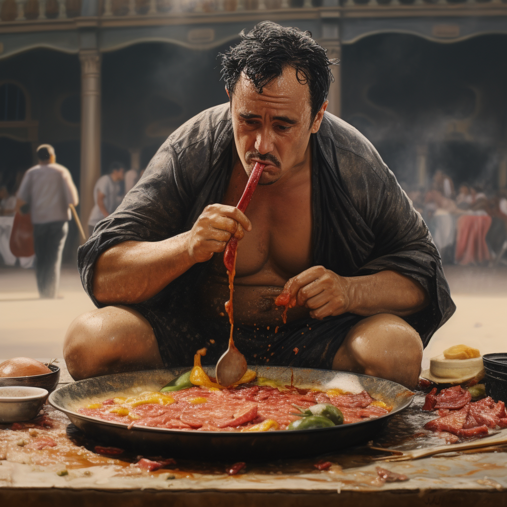 Chinese man enjoying paella rice at a bullring