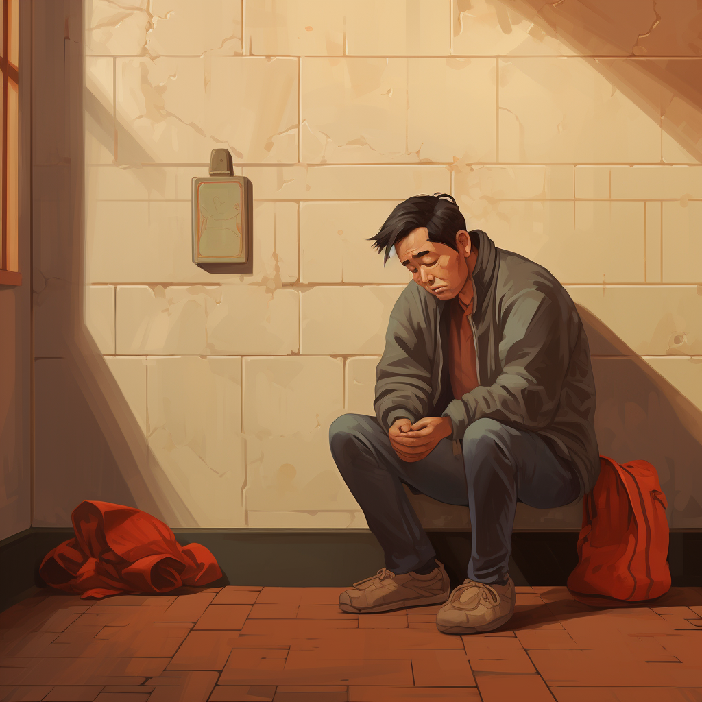 Sad Chinese man near wall