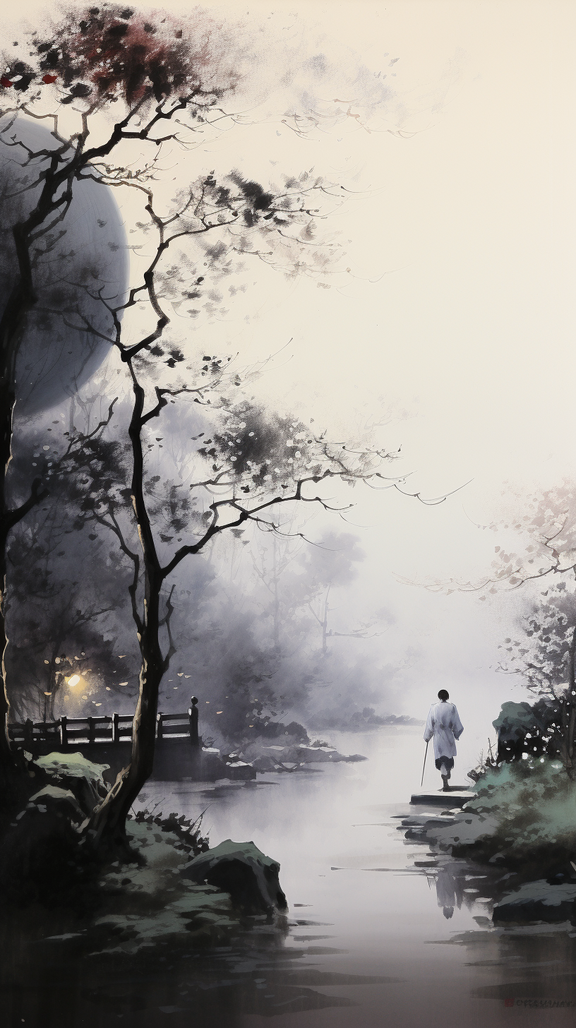 Chinese man walking in park under moonlight