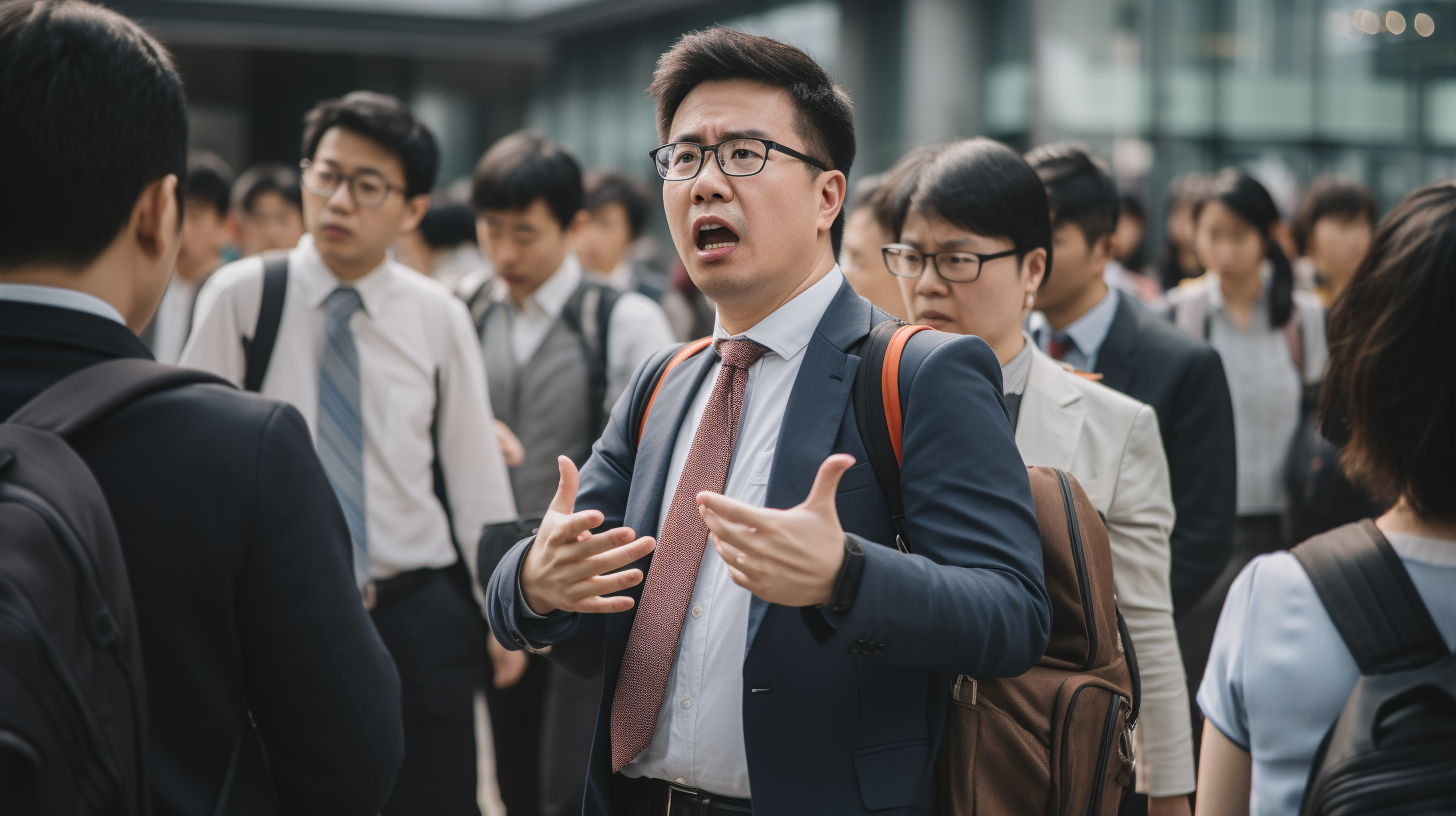 Anxious Chinese man in work attire looking at watch