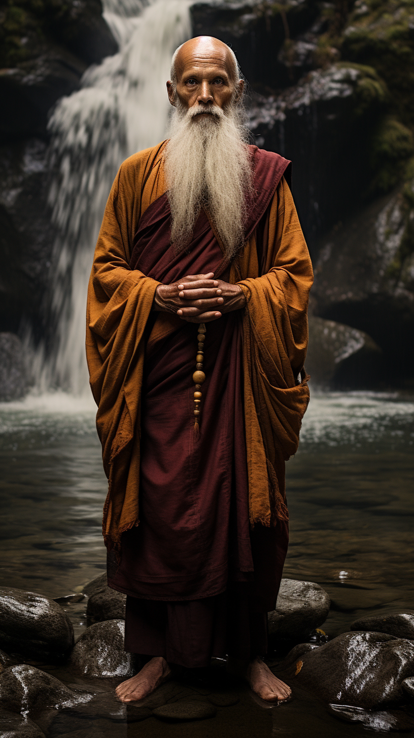 Chinese monk in mountain stream