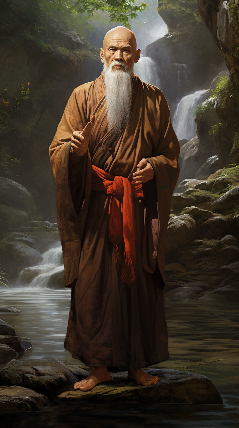 Chinese monk standing in mountain stream