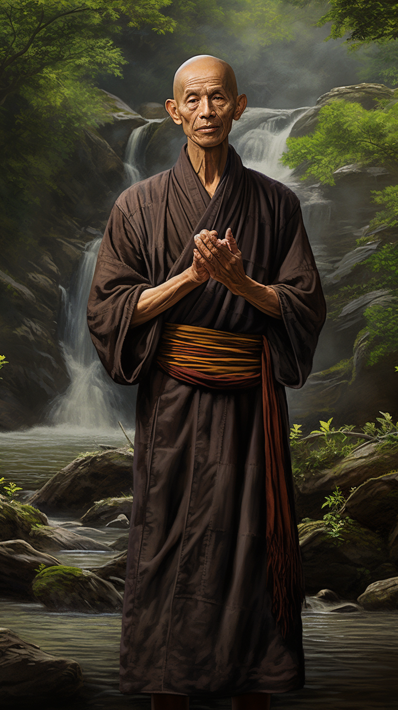 Serene Chinese Monk in Mountain Stream