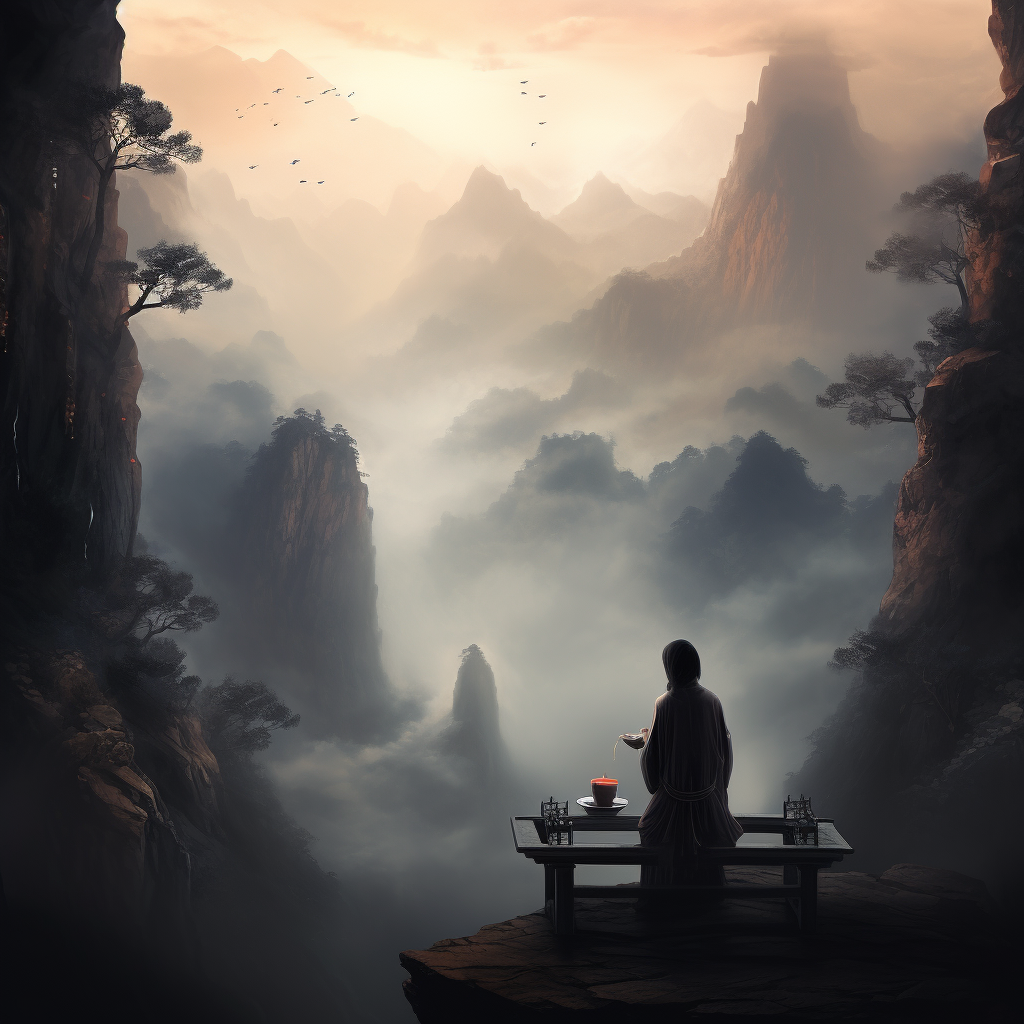 Ethereal Chinese mountains with a solitary figure and wine cup