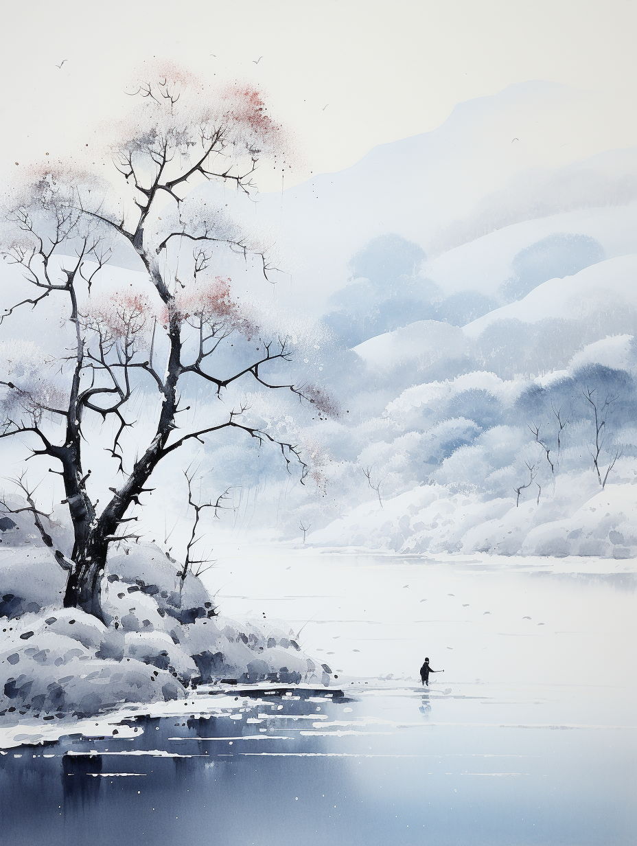 Lone boat fishing in snowy Chinese river