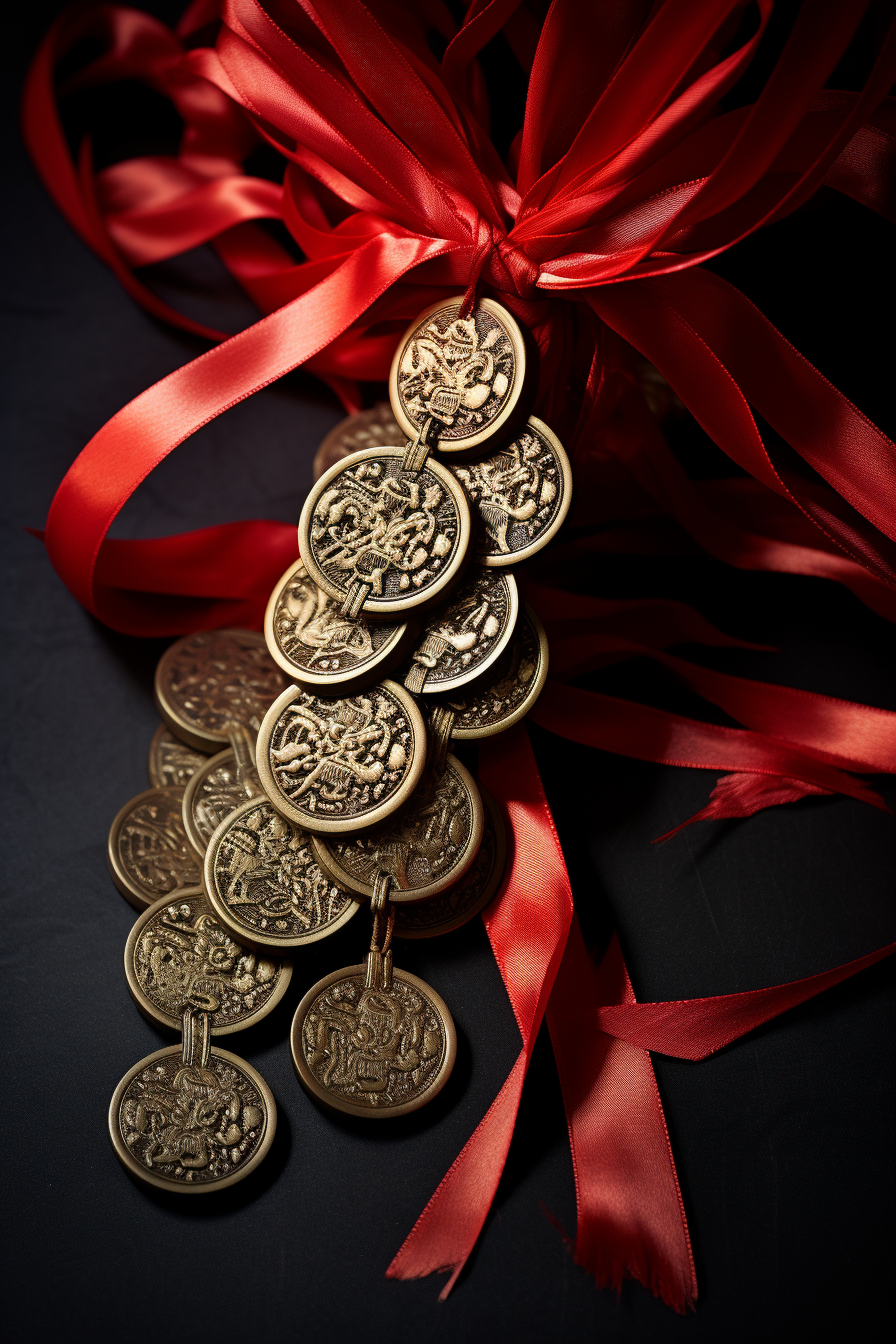 Traditional Chinese Feng Shui Coins with Red Ribbon