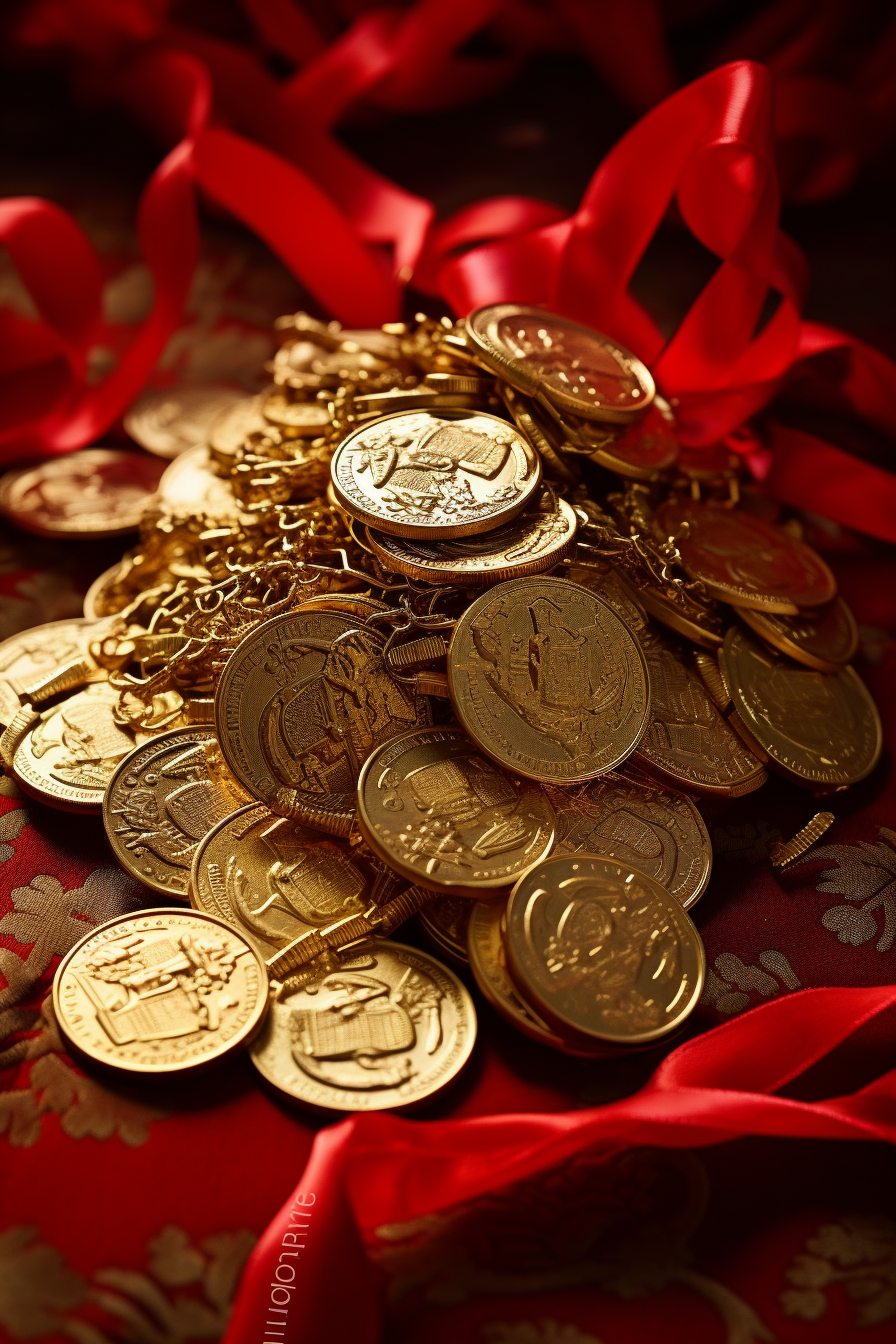 Chinese pierced gold coins with red ribbon