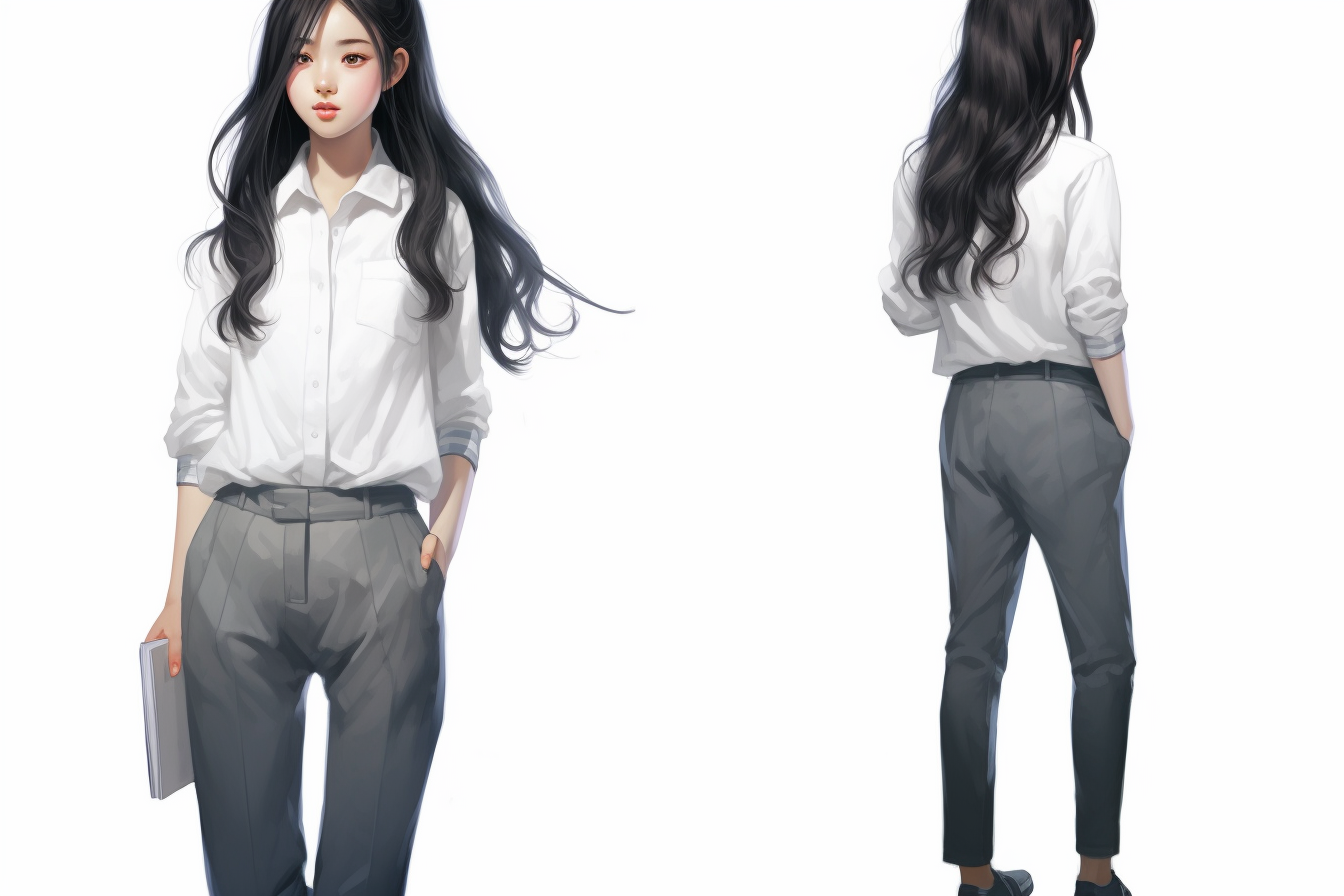 Adorable Chinese school girl wearing long pants and t-shirts