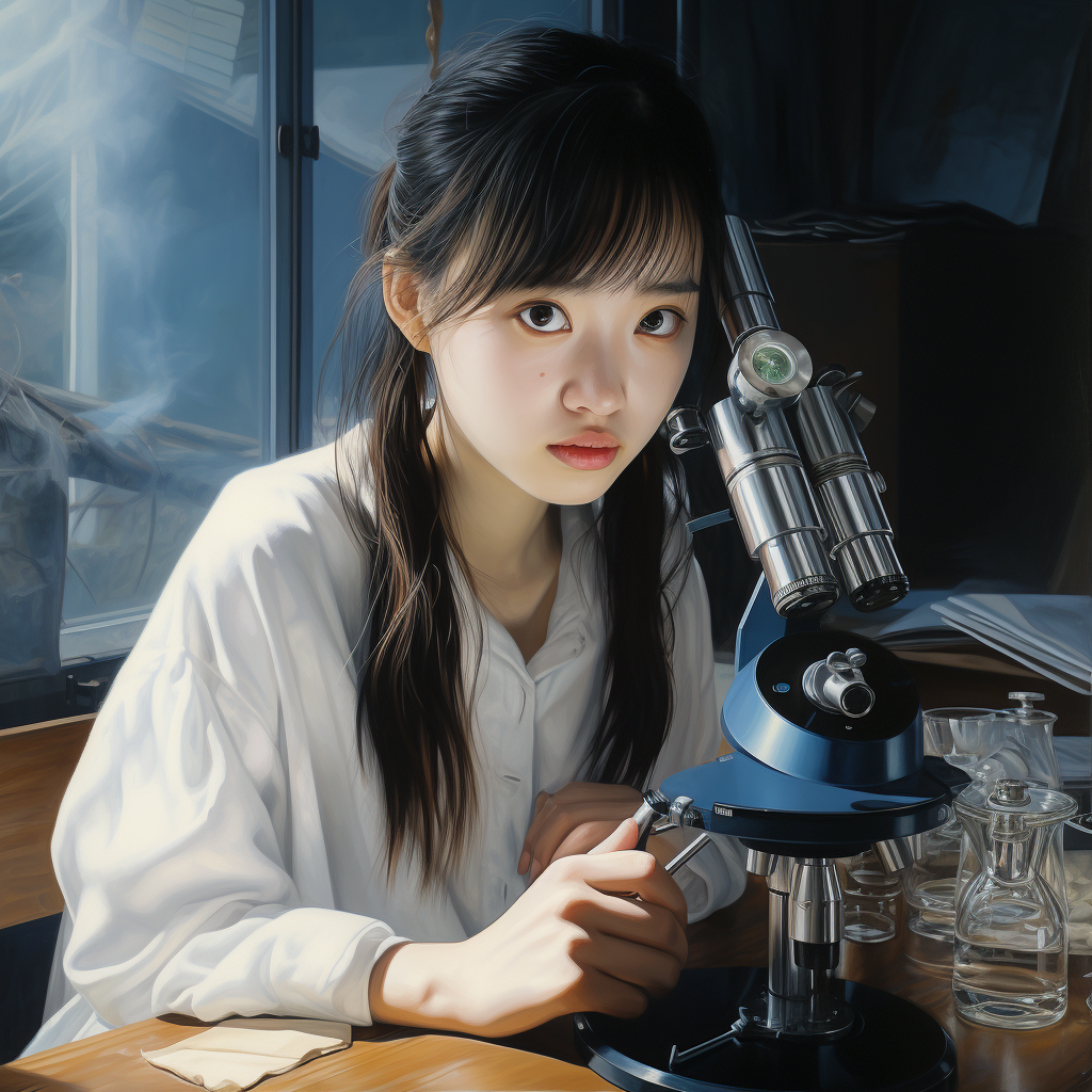 Scientific girl using microscope with lens on table