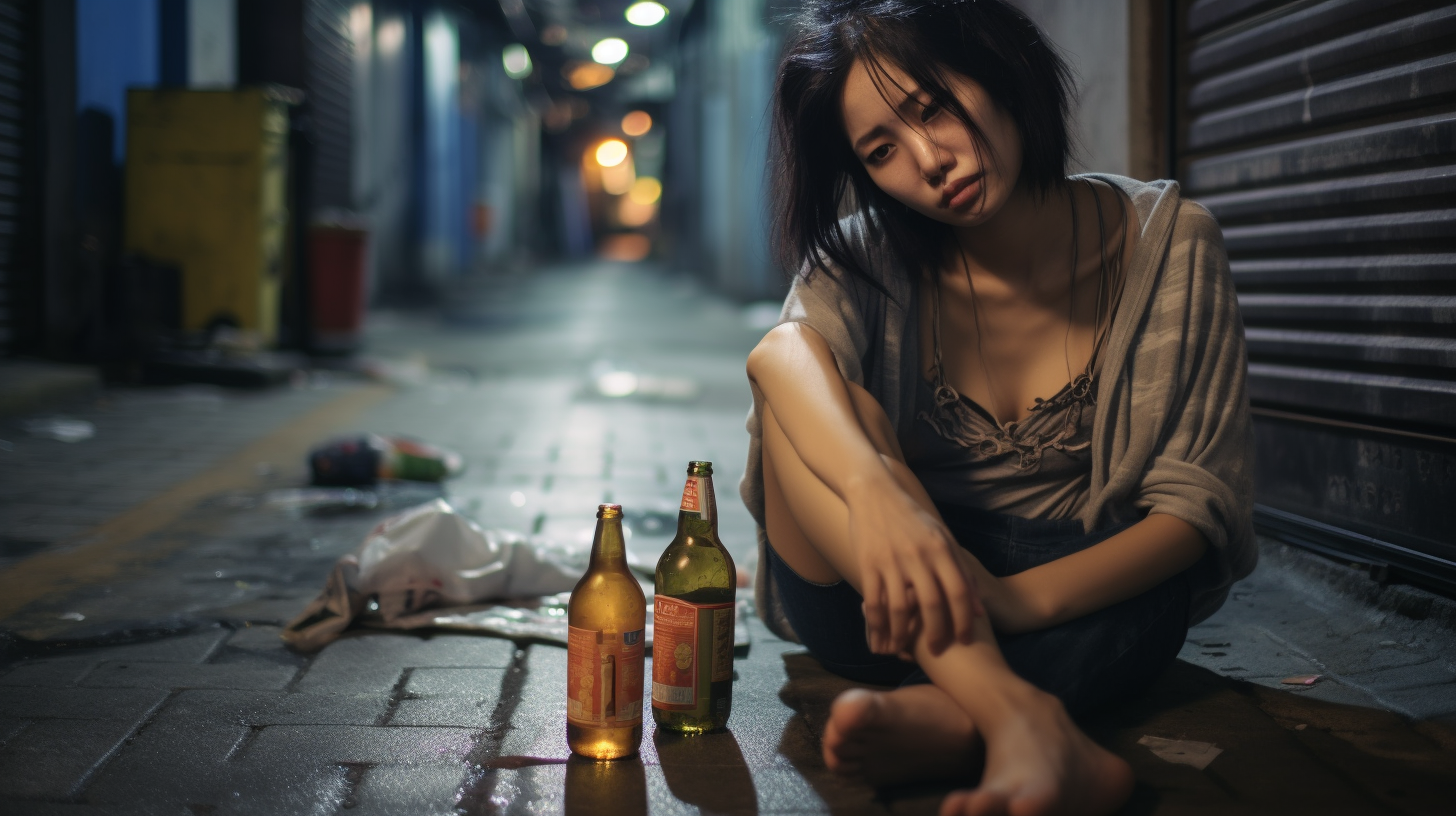 Sad Chinese Woman Drinking Beer