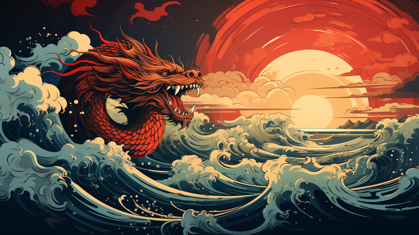 Chinese-style dragon flying over calm sea