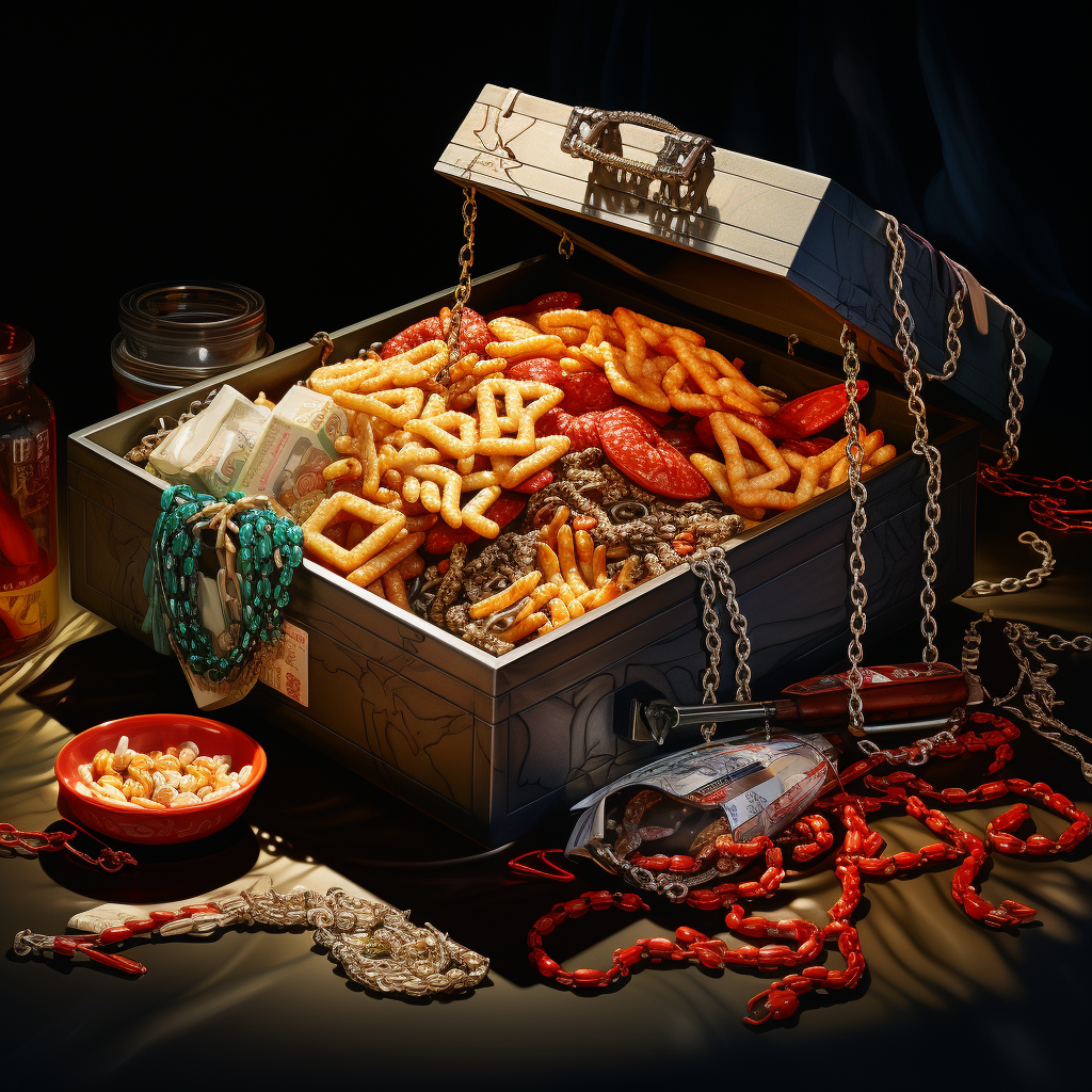 Shiny jewelry and chains in Chinese takeaway carton