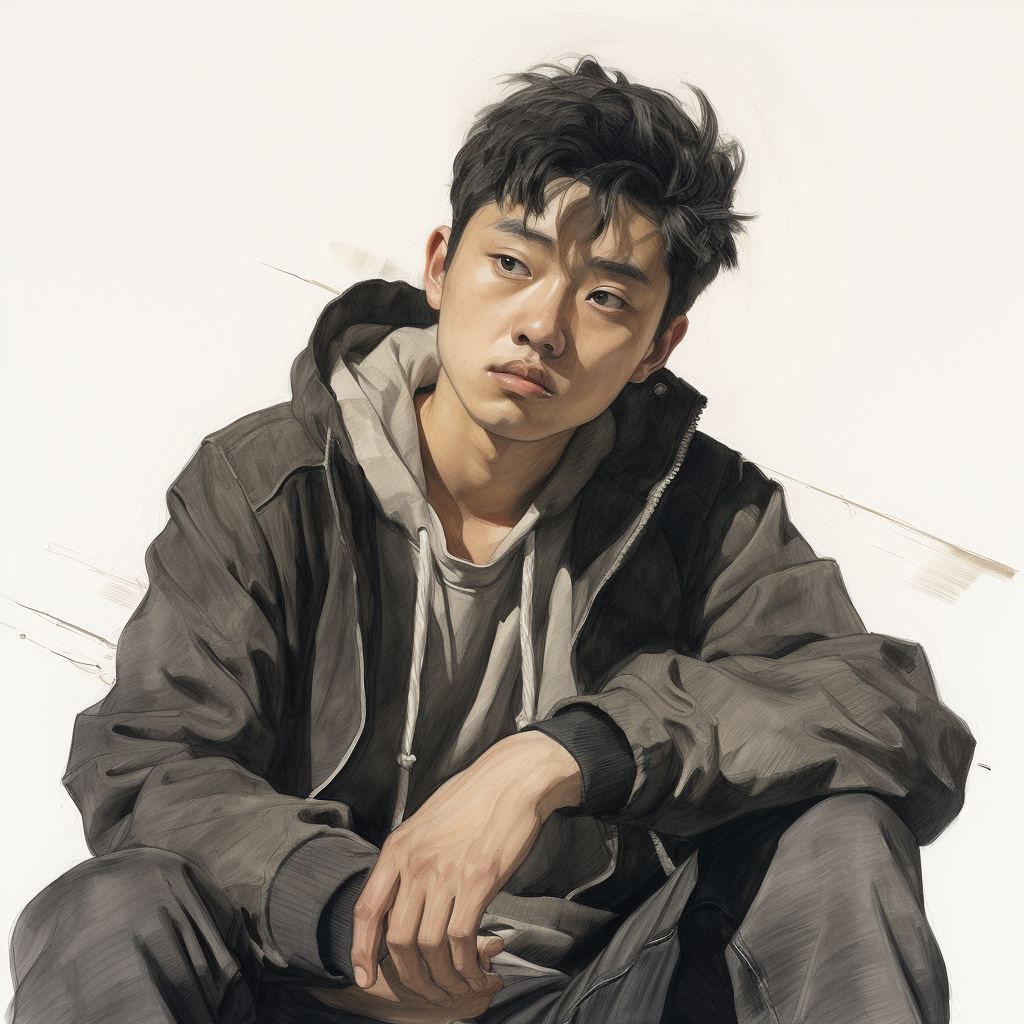 Chinese teenager with pensive sketch expression