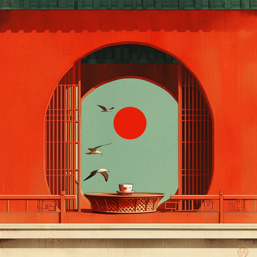 Traditional Chinese Architecture with Minimalist Green and Red Design