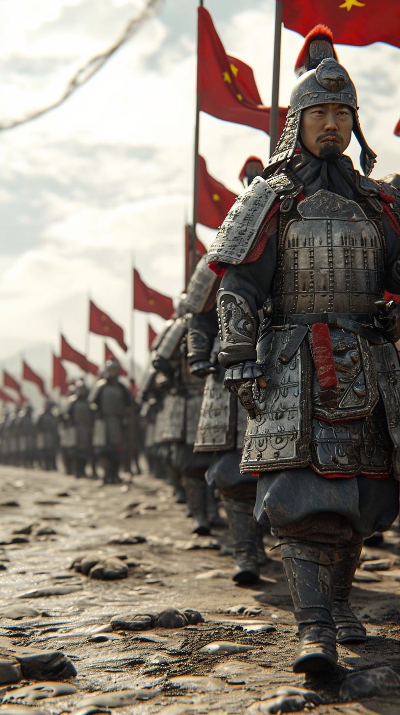 Chinese troops marching in traditional armor with flags